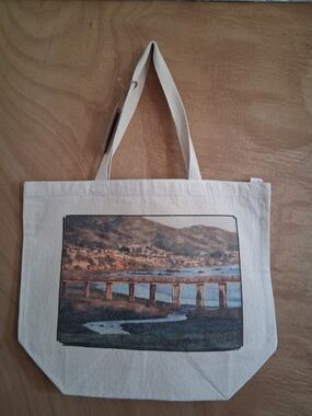 Canvas Tote Bag with Coastal Landscape Print - Cream